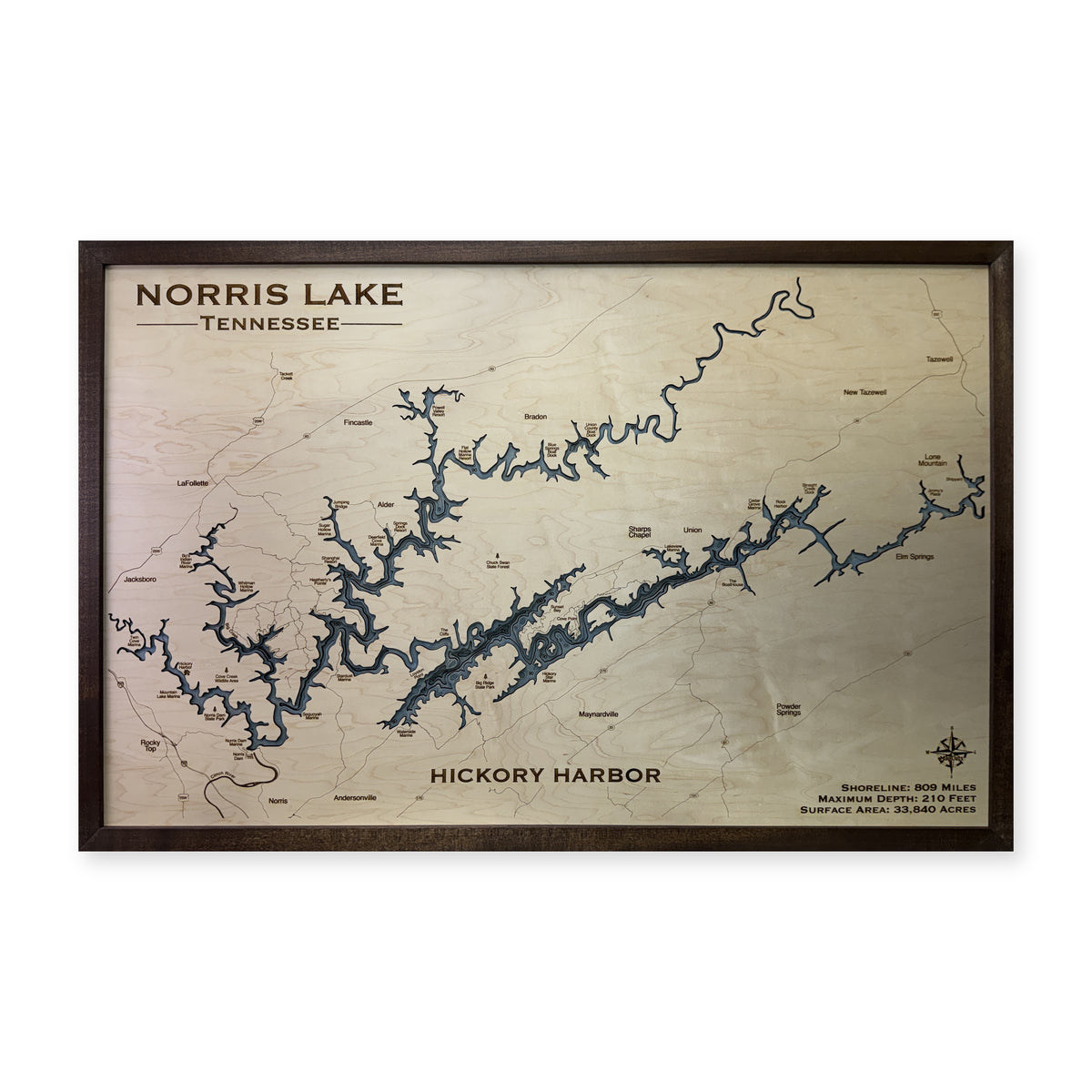 Norris Lake, TN, Wood Map — Multilayer — plain-background photo
