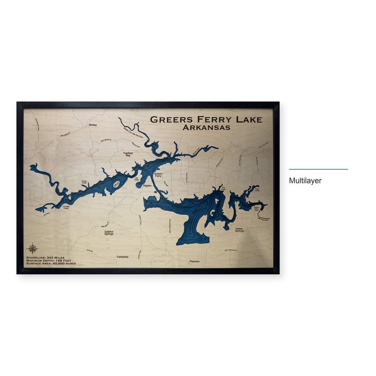 Greers Ferry Lake, Arkansas Wood Map — Multilayer — style-labeled photo