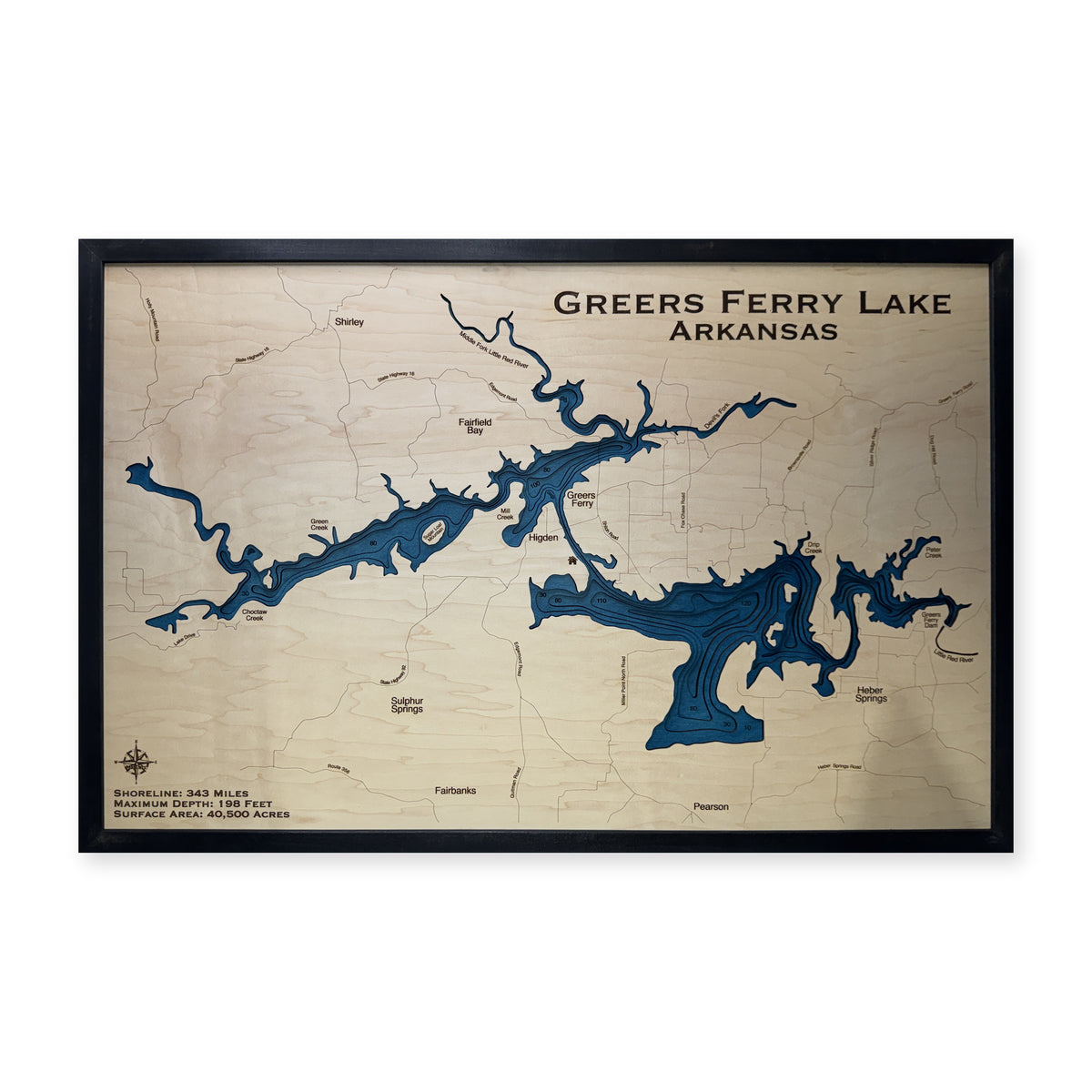 Greers Ferry Lake, Arkansas Wood Map — Multilayer — plain-background photo