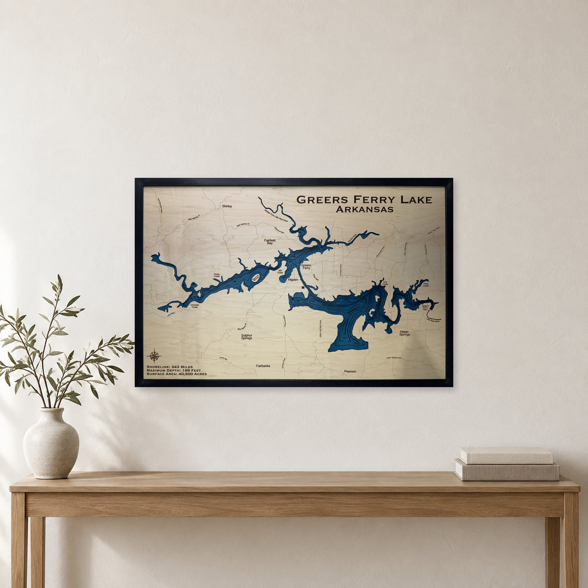 Greers Ferry Lake, Arkansas Wood Map — Multilayer — room mockup