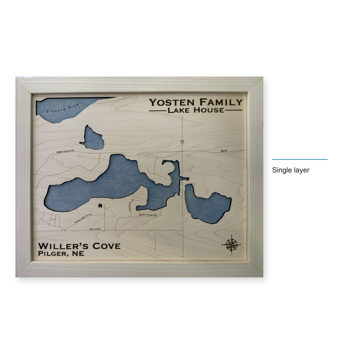 Willers Cove, Pilger, Nebraska Wood Map — Single layer — style-labeled photo