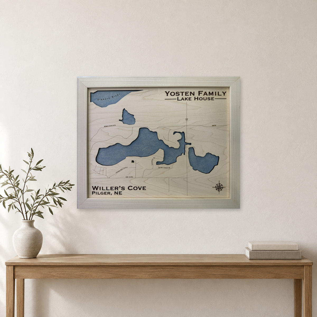 Willers Cove, Pilger, Nebraska Wood Map — Single layer — room mockup