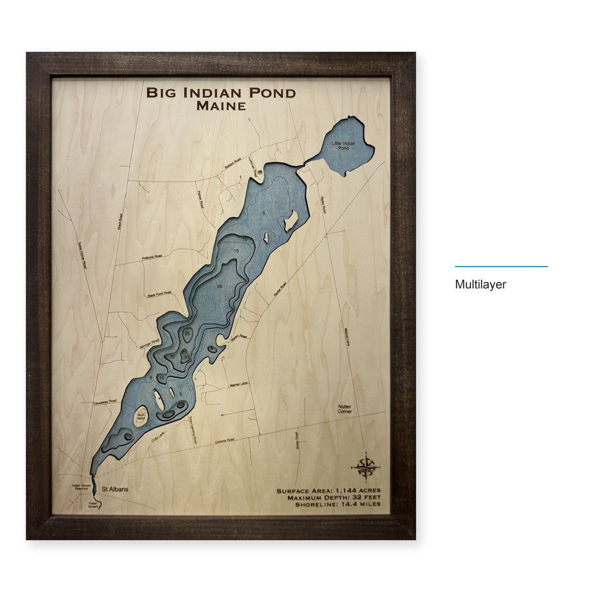 Big Indian Pond, Maine Wood Map — Multilayer — style-labeled photo