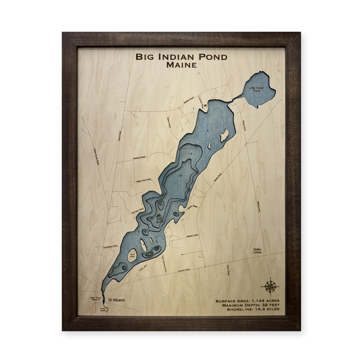Big Indian Pond, Maine Wood Map — Multilayer — plain-background photo