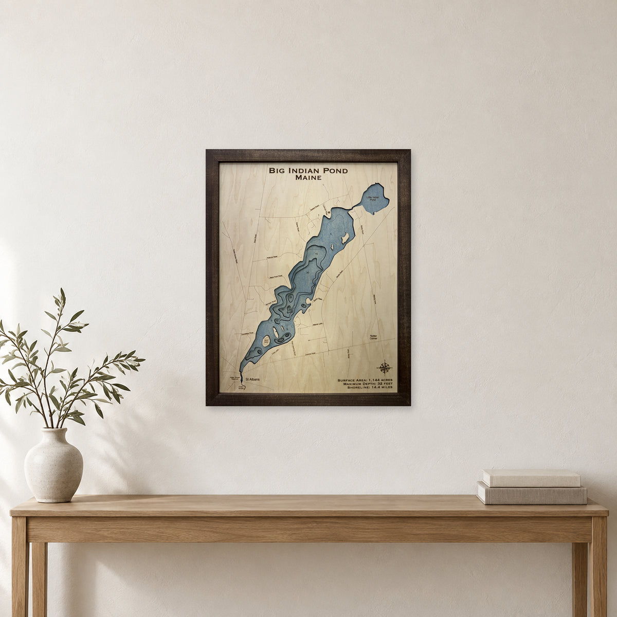 Big Indian Pond, Maine Wood Map — Multilayer — room mockup