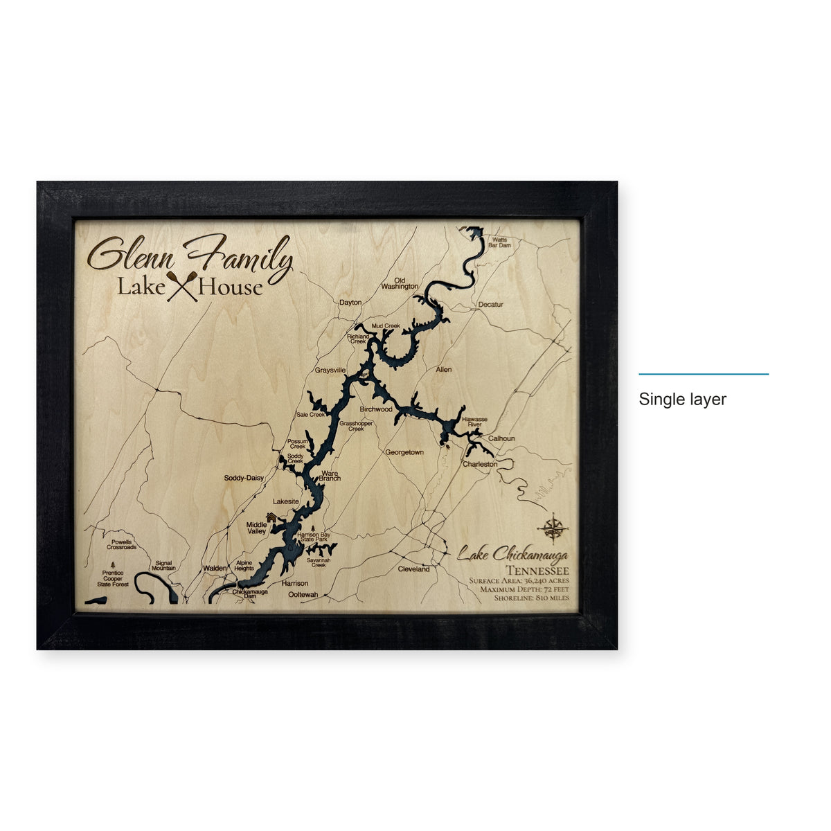 Lake Chickamauga, Tennessee Wood Map — Single layer — style-labeled photo