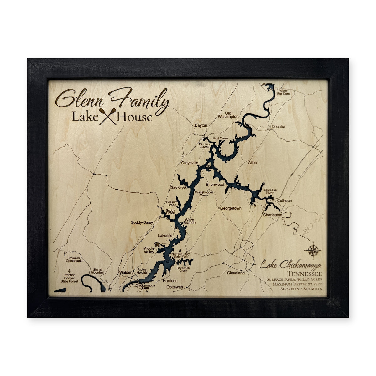 Lake Chickamauga, Tennessee Wood Map — Single layer — plain-background photo