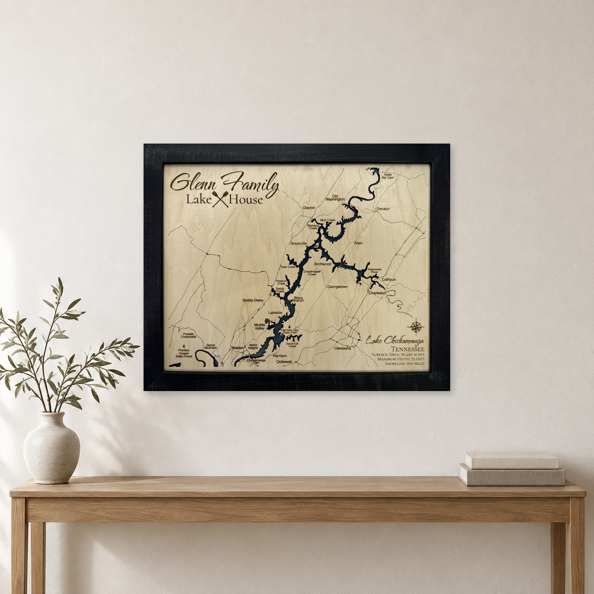 Lake Chickamauga, Tennessee Wood Map — Single layer — room mockup