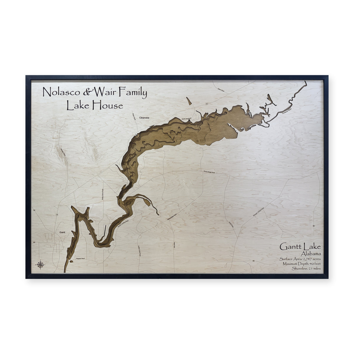Gantt Lake, Alabama Wood Map — Multilayer — plain-background photo