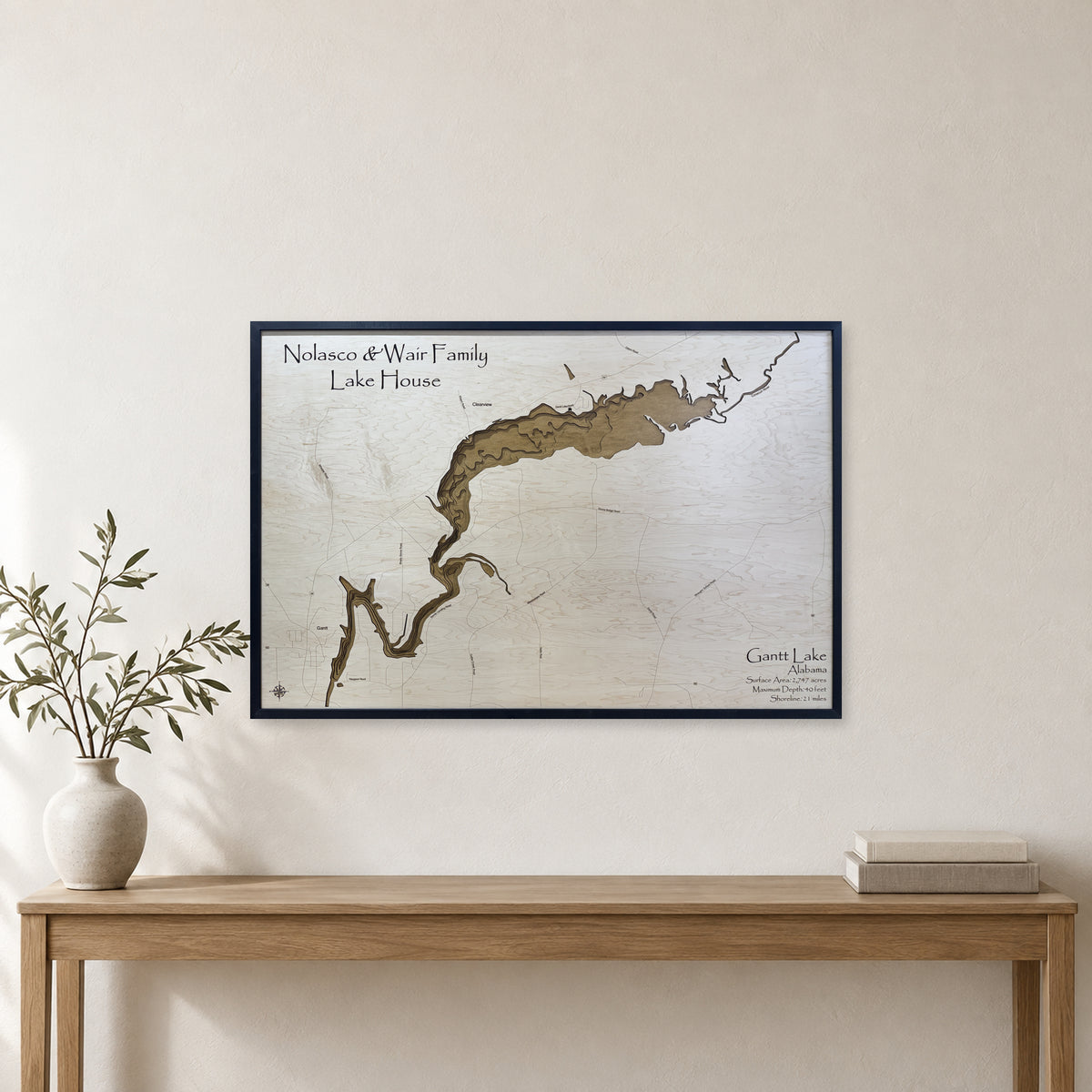 Gantt Lake, Alabama Wood Map — Multilayer — room mockup