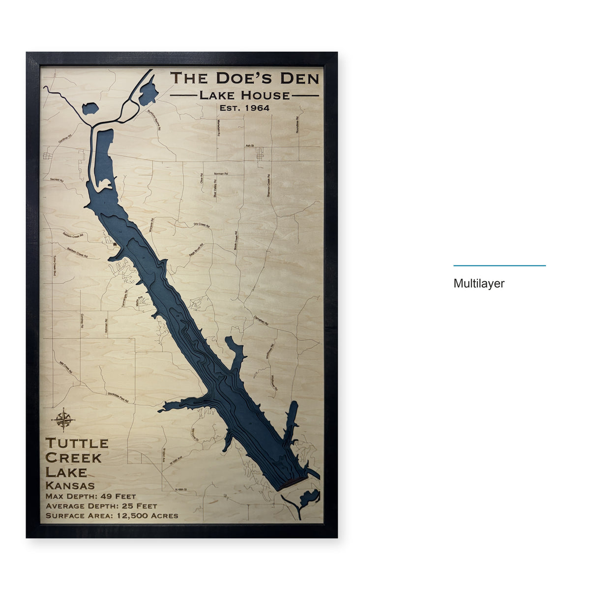 Tuttle Creek Lake, Kansas Wood Map — Multilayer — style-labeled photo