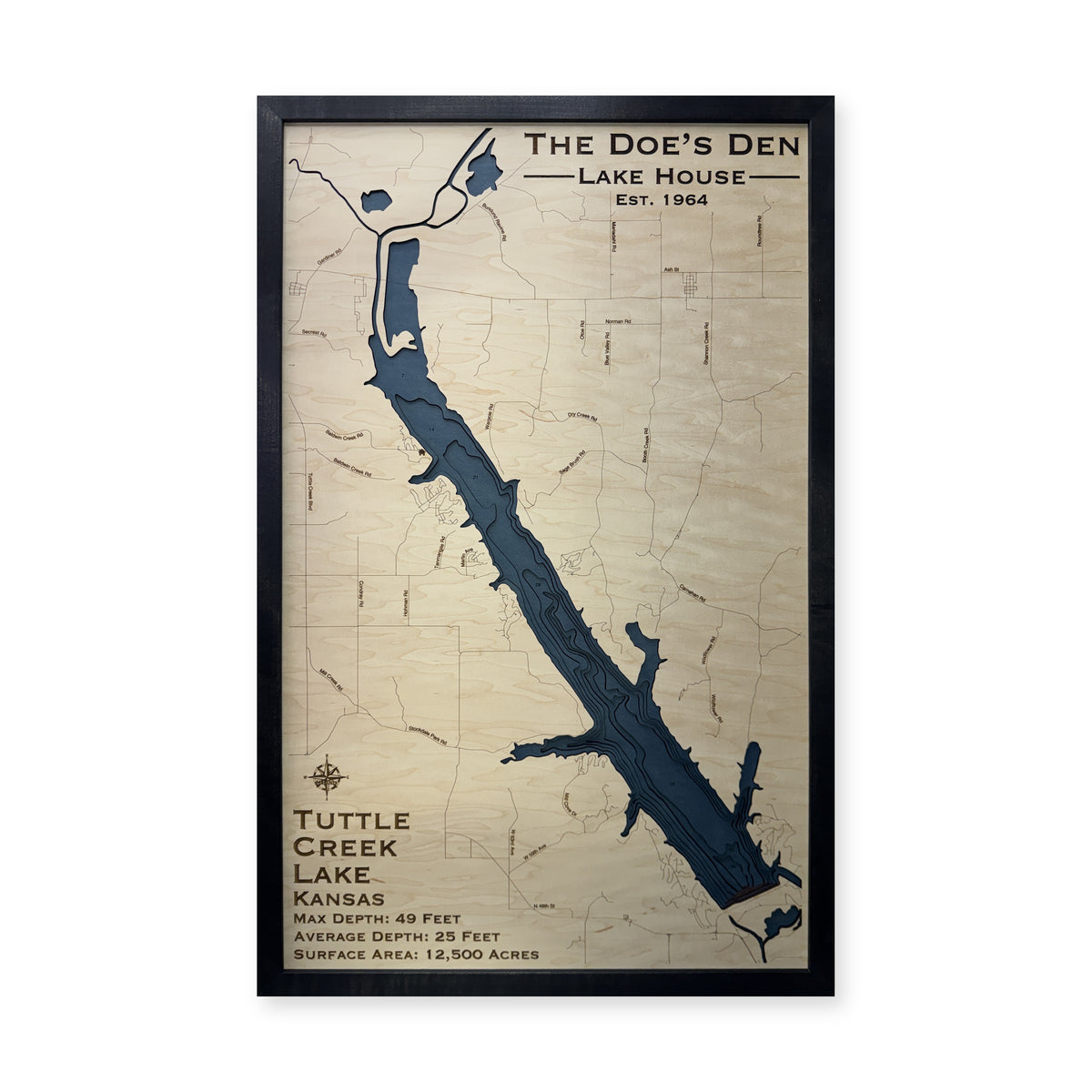 Tuttle Creek Lake, Kansas Wood Map — Multilayer — plain-background photo