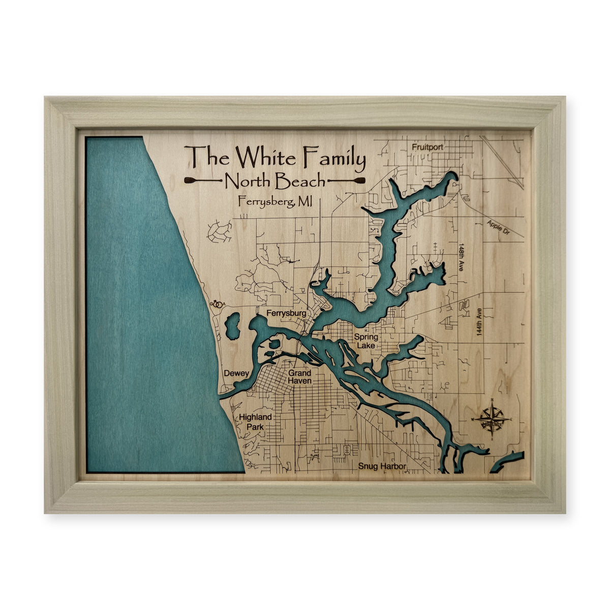 North Beach, Ferrysburg, Michigan Wood Map — Single layer — plain-background photo