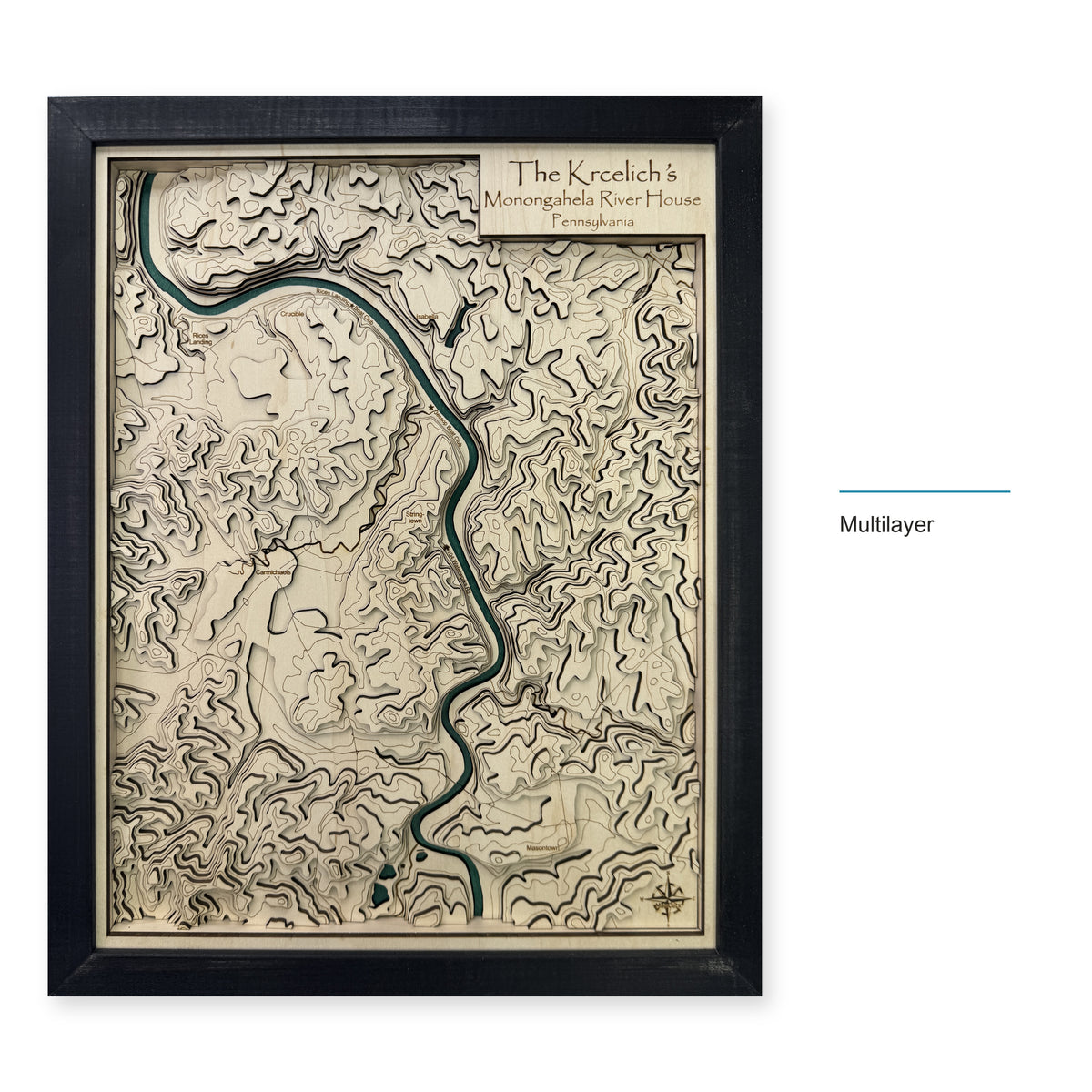 Monongahela River, Pennsylvania Wood Map — Multilayer — style-labeled photo