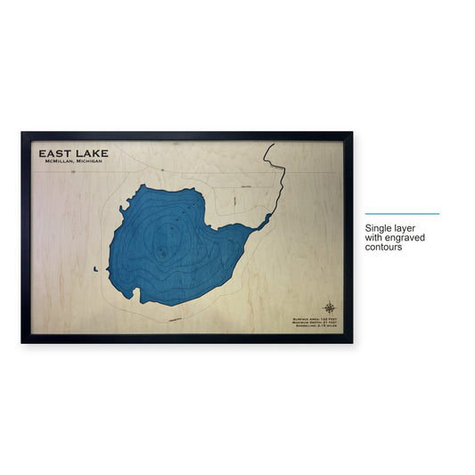 East Lake, West Bloomfield, Michigan Wood Map — Single layer with engraved contours — style-labeled photo
