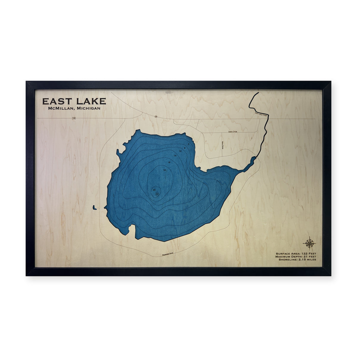 East Lake, West Bloomfield, Michigan Wood Map — Single layer with engraved contours — plain-background photo