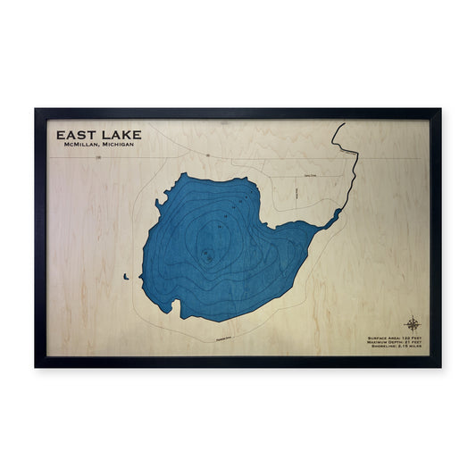 East Lake, West Bloomfield, Michigan Wood Map — Single layer with engraved contours — plain-background photo