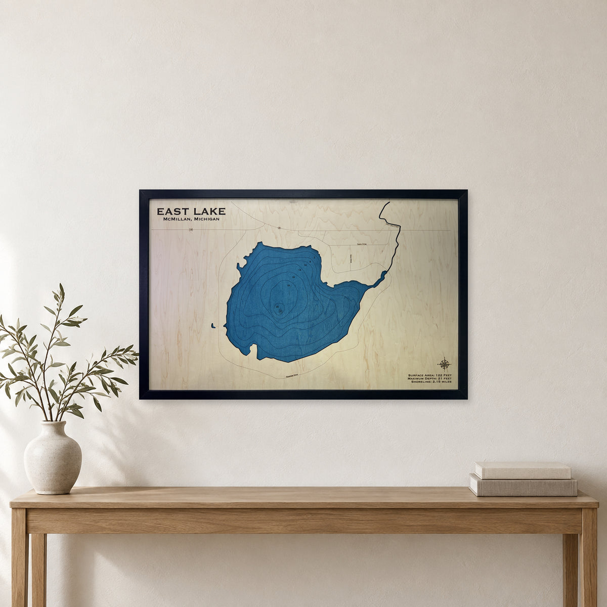 East Lake, West Bloomfield, Michigan Wood Map — Single layer with engraved contours — room mockup
