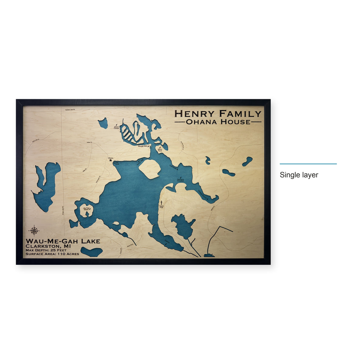 Wau-Me-Gah Lake, Michigan Wood Map — Single layer — style-labeled photo