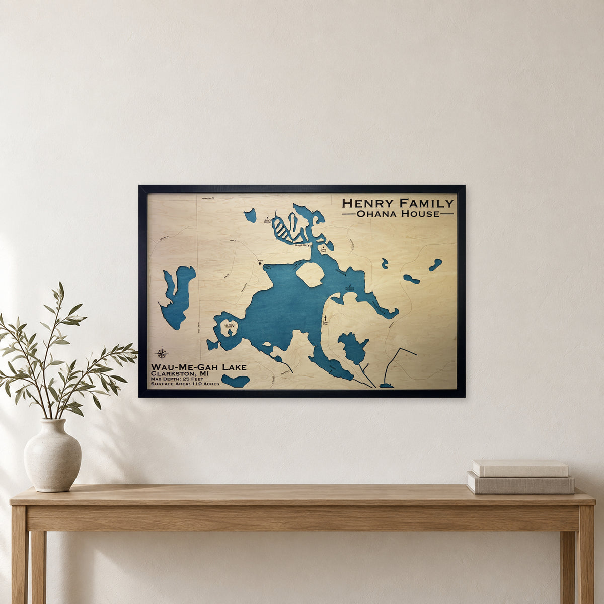 Wau-Me-Gah Lake, Michigan Wood Map — Single layer — room mockup