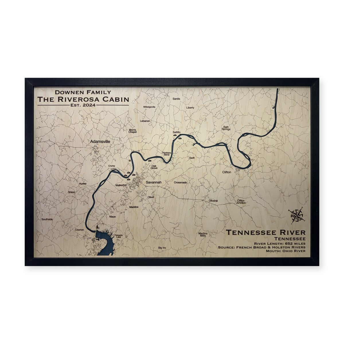 Tennessee River, Savannah, Tennessee Wood Map — Single layer — plain-background photo