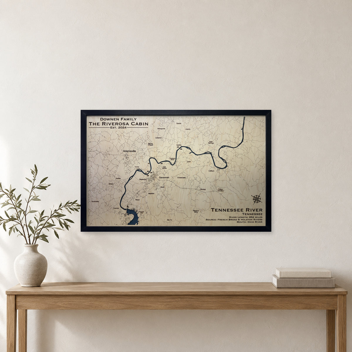 Tennessee River, Savannah, Tennessee Wood Map — Single layer — room mockup