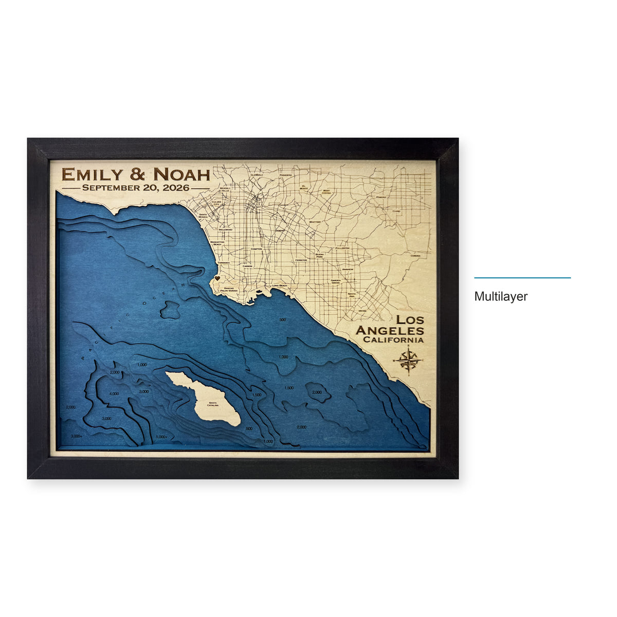 Los Angeles, California Wood Map — Multilayer — style-labeled photo