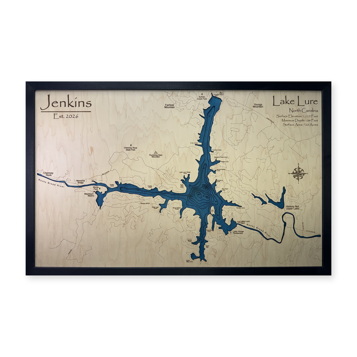 Lake Lure, North Carolina Wood Map — Multilayer — plain-background photo