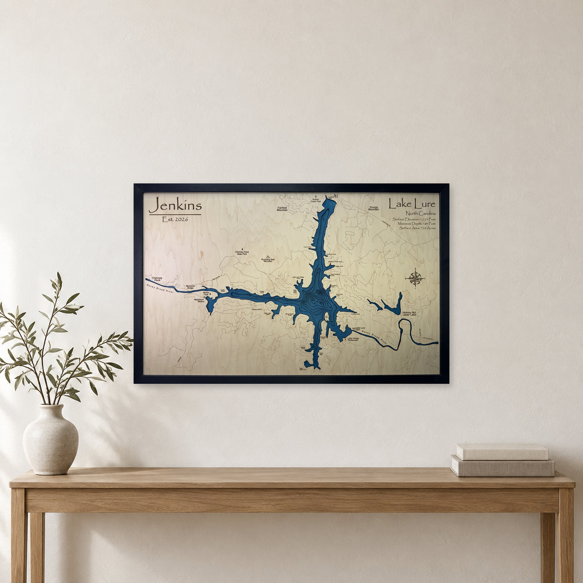 Lake Lure, North Carolina Wood Map — Multilayer — room mockup