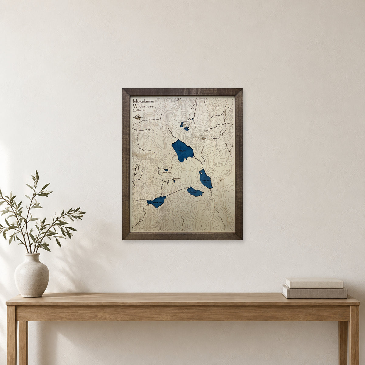 Mokelumne Wilderness, California Wood Map — Single layer with engraved contours — room mockup