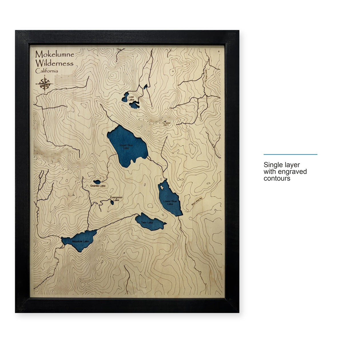 Mokelumne Wilderness, California Wood Map — Single layer with engraved contours — style-labeled photo