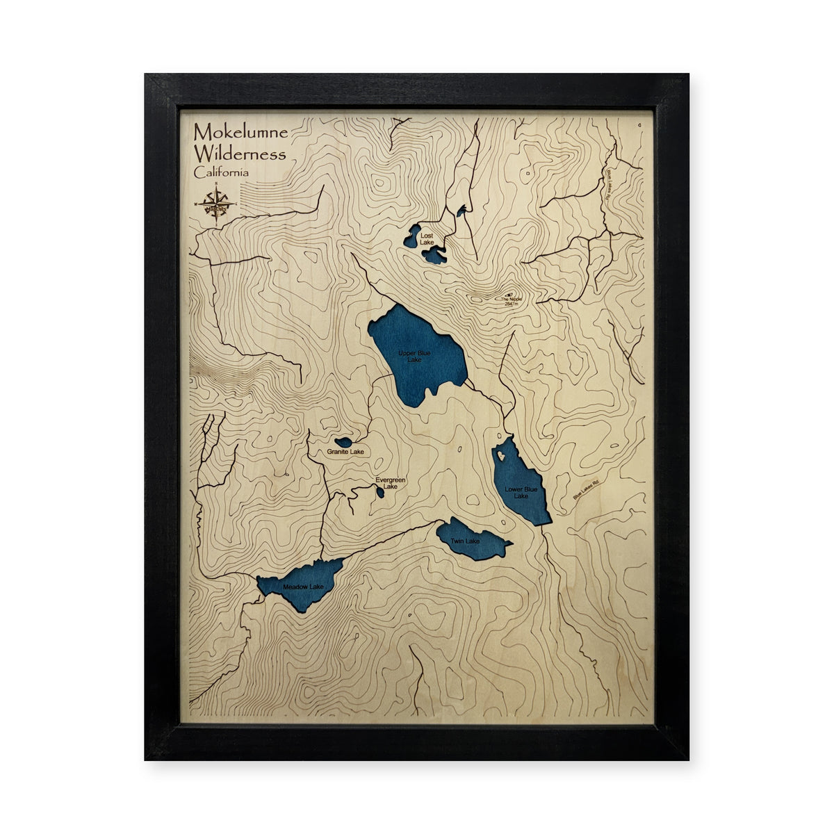 Mokelumne Wilderness, California Wood Map — Single layer with engraved contours — plain-background photo