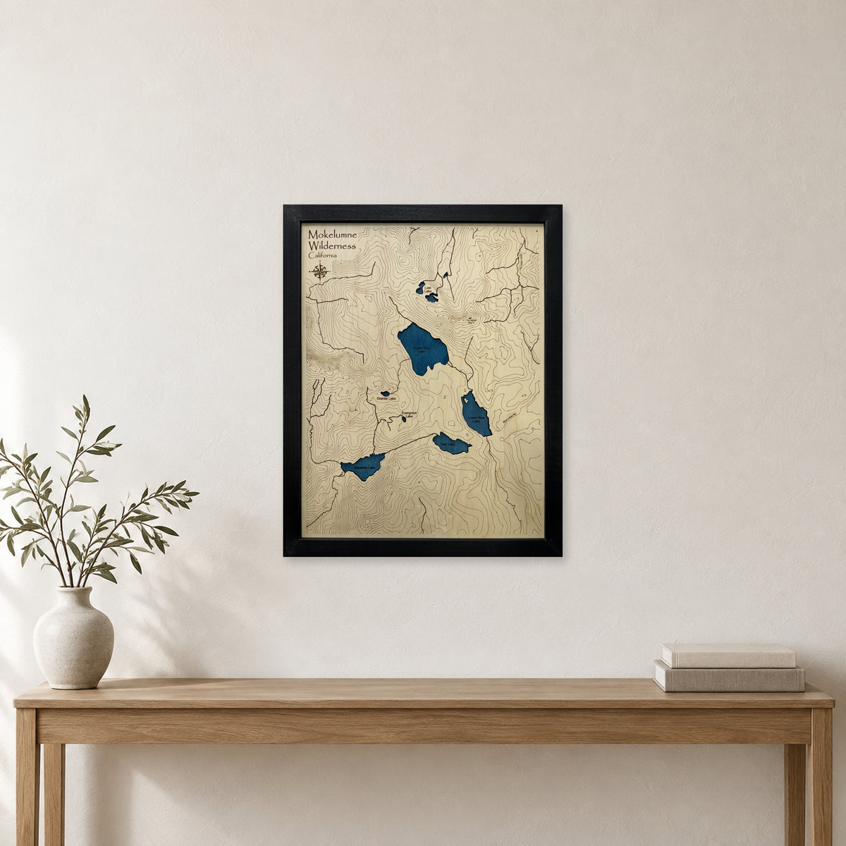 Mokelumne Wilderness, California Wood Map — Single layer with engraved contours — room mockup