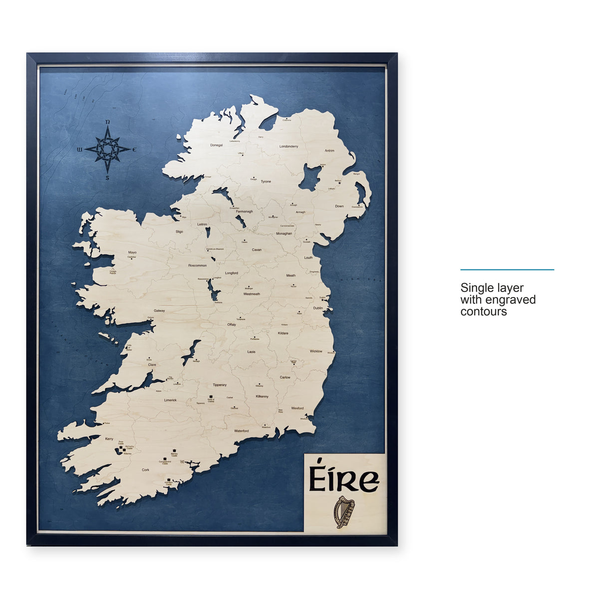 Ireland Wood Map — Single layer with engraved contours — style-labeled photo