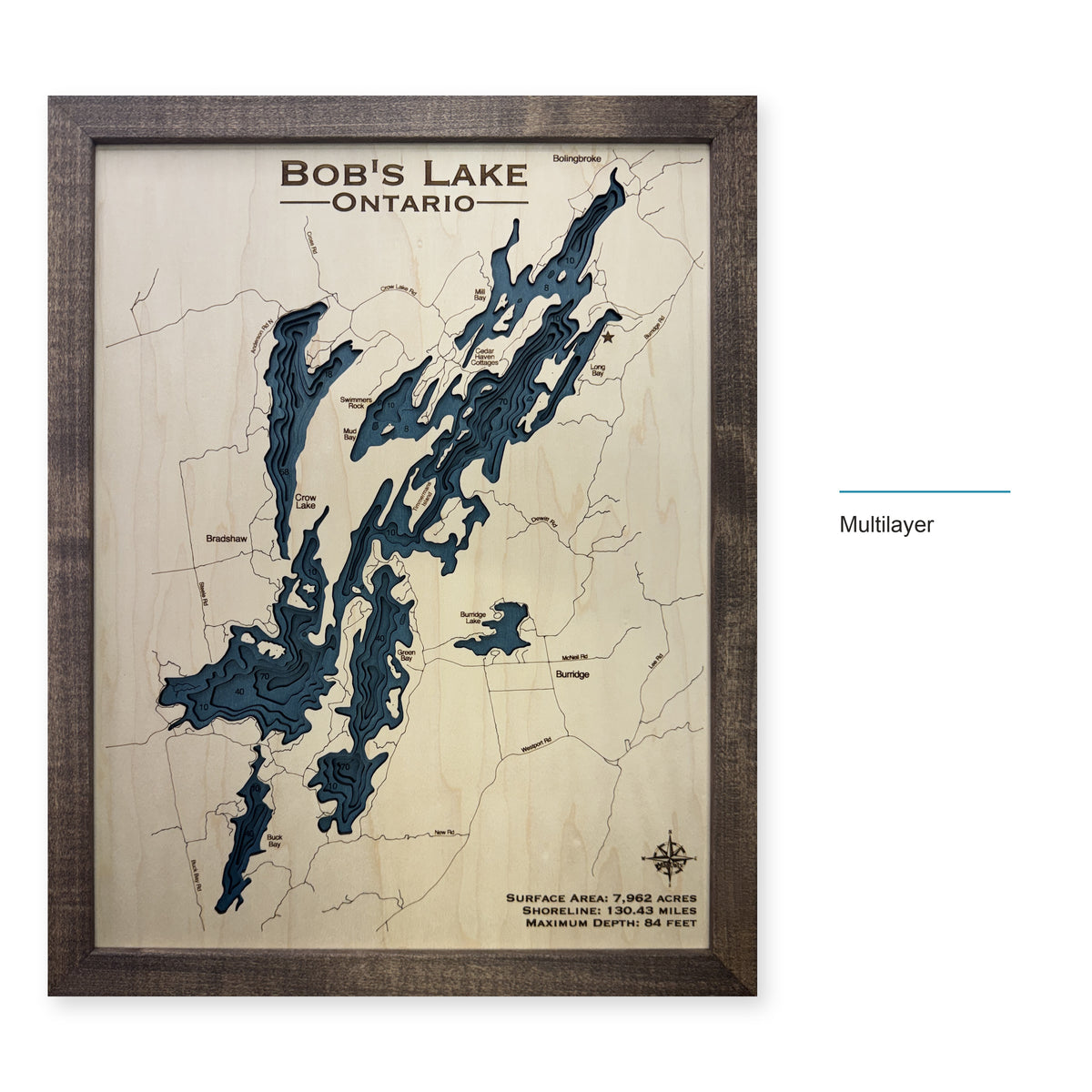 Bobs Lake, Ontario Wood Map — Multilayer — style-labeled photo