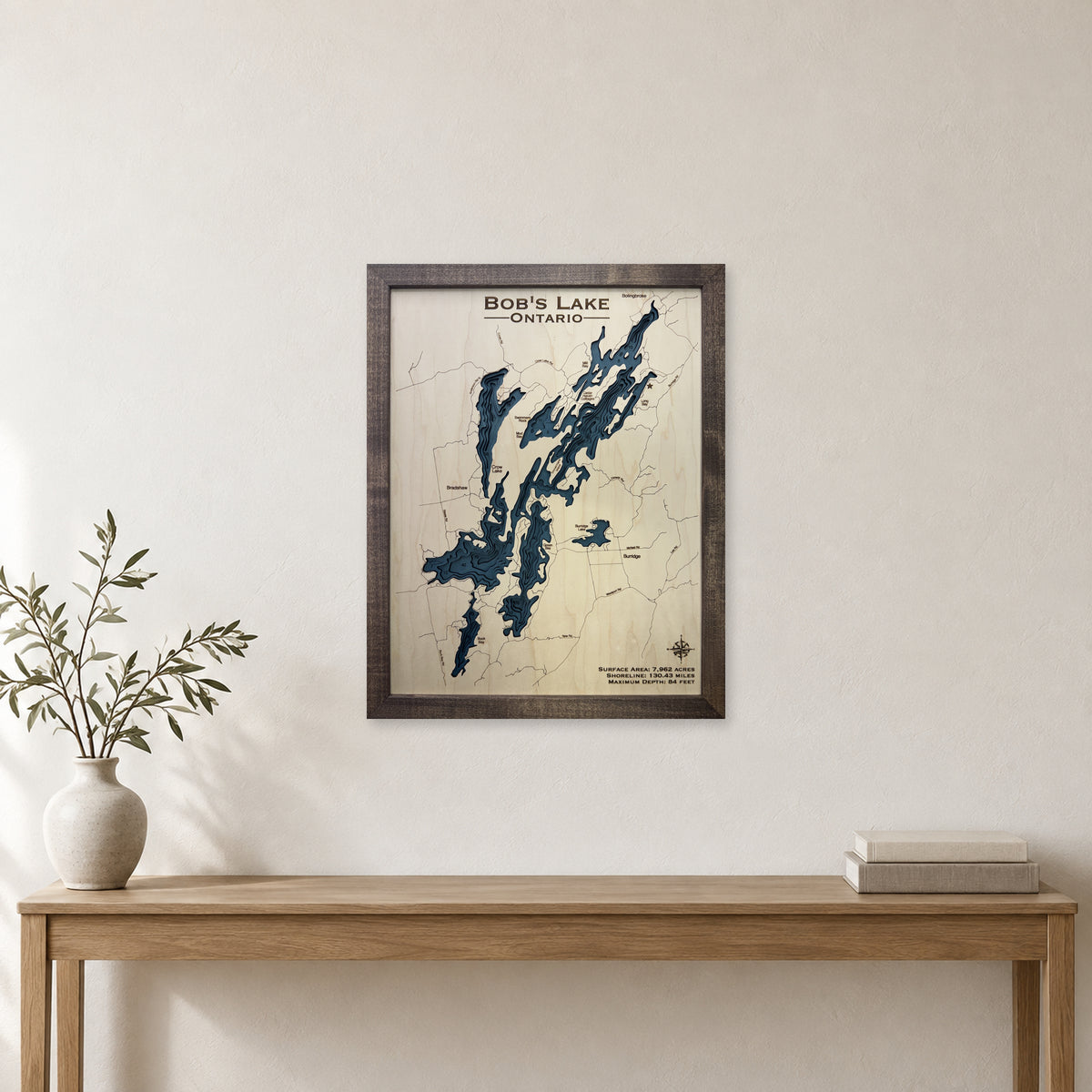 Bobs Lake, Ontario Wood Map — Multilayer — room mockup