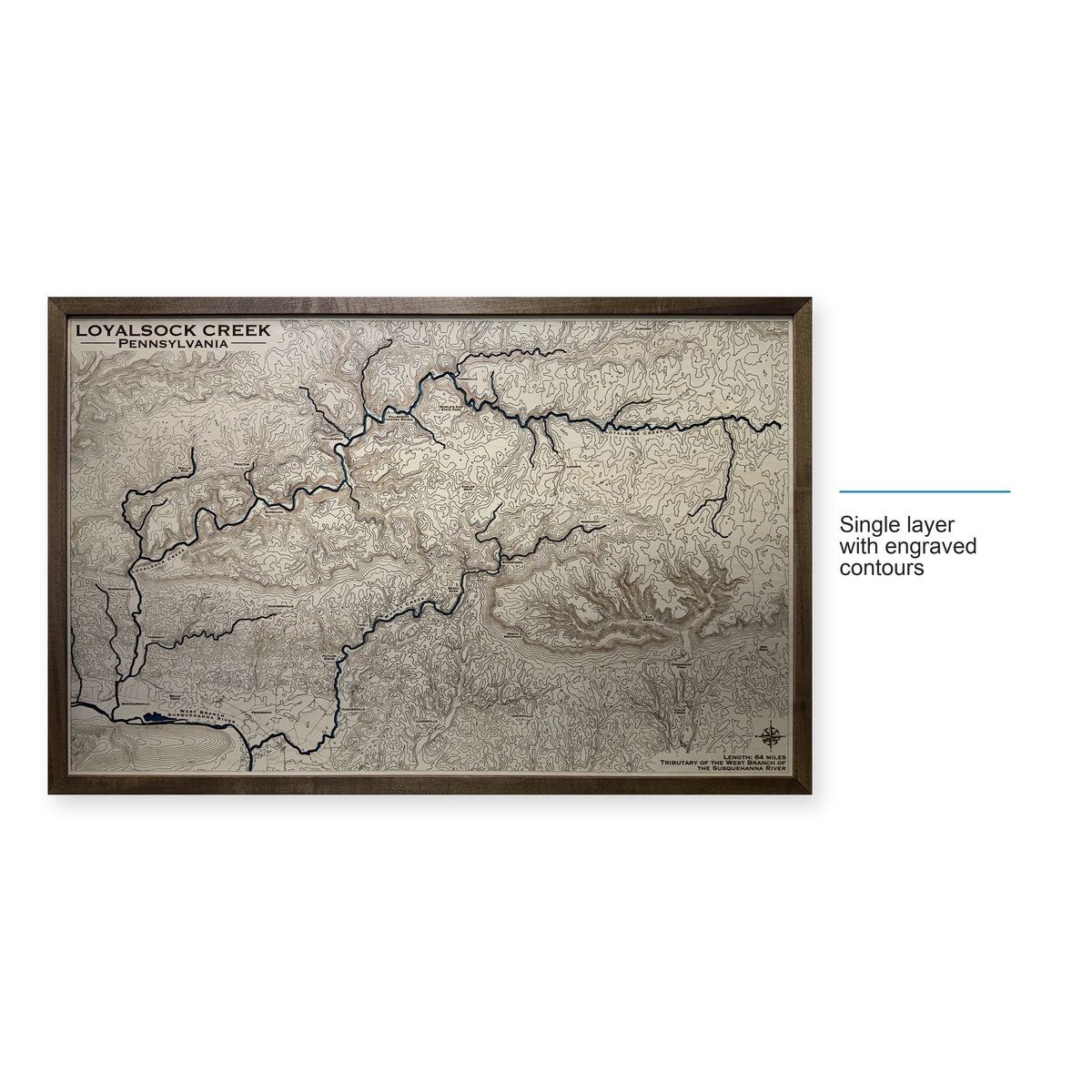 Loyalsock Creek, Pennsylvania Wood Map — Single layer with engraved contours — style-labeled photo