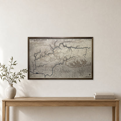 Loyalsock Creek, Pennsylvania Wood Map — Single layer with engraved contours — room mockup