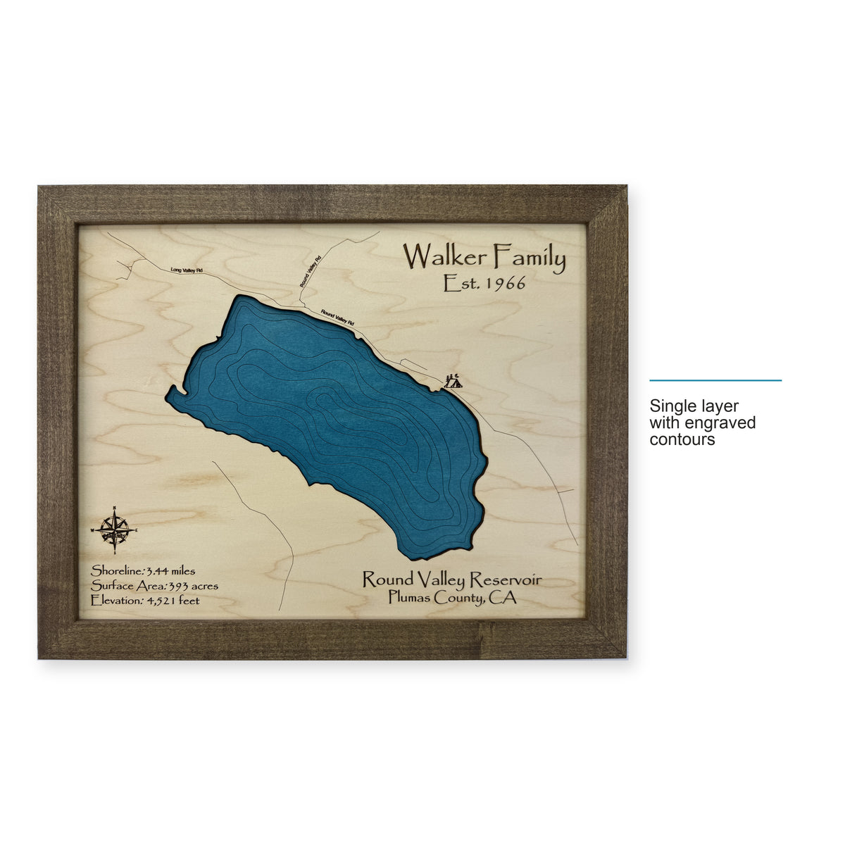 Round Valley Reservoir, California Wood Map — Single layer with engraved contours — style-labeled photo