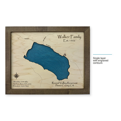 Round Valley Reservoir, California Wood Map — Single layer with engraved contours — style-labeled photo