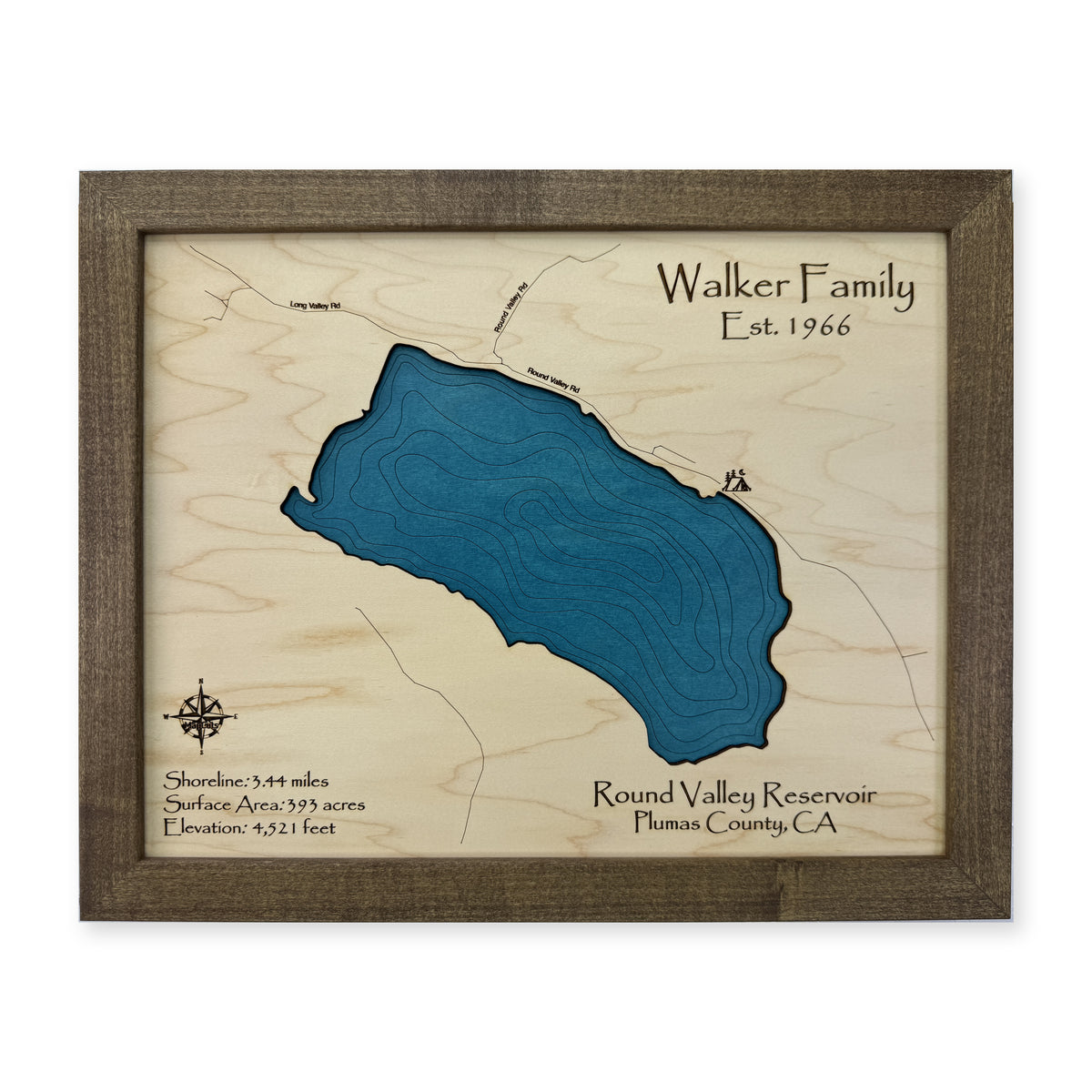 Round Valley Reservoir, California Wood Map — Single layer with engraved contours — plain-background photo