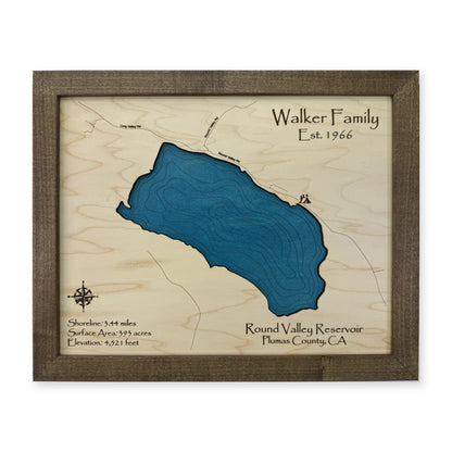 Round Valley Reservoir, California Wood Map — Single layer with engraved contours — plain-background photo