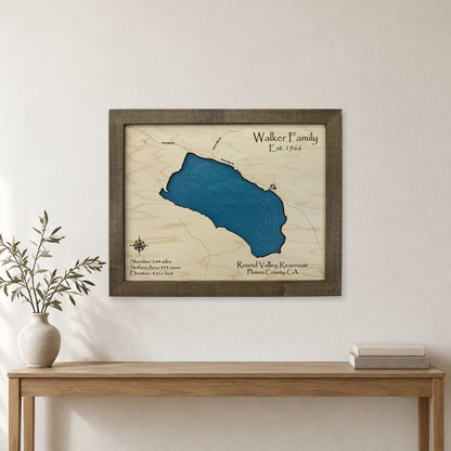 Round Valley Reservoir, California Wood Map — Single layer with engraved contours — room mockup