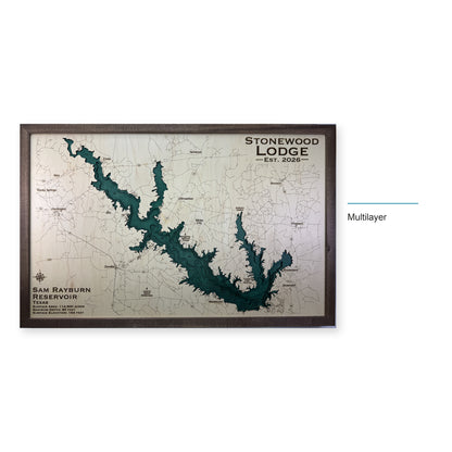 Lake Sam Rayburn Reservoir, Texas Wood Map — Multilayer — style-labeled photo