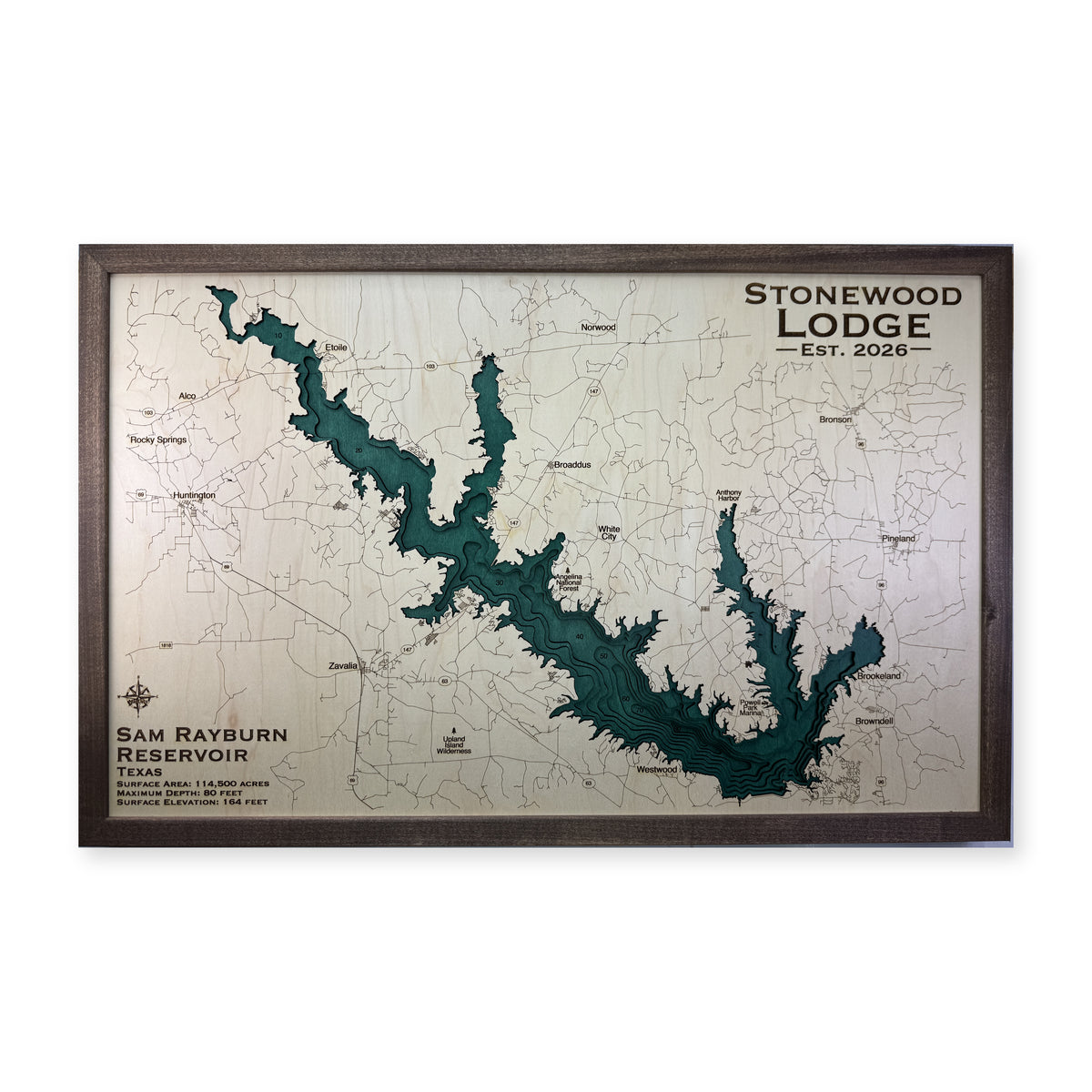 Lake Sam Rayburn Reservoir, Texas Wood Map — Multilayer — plain-background photo