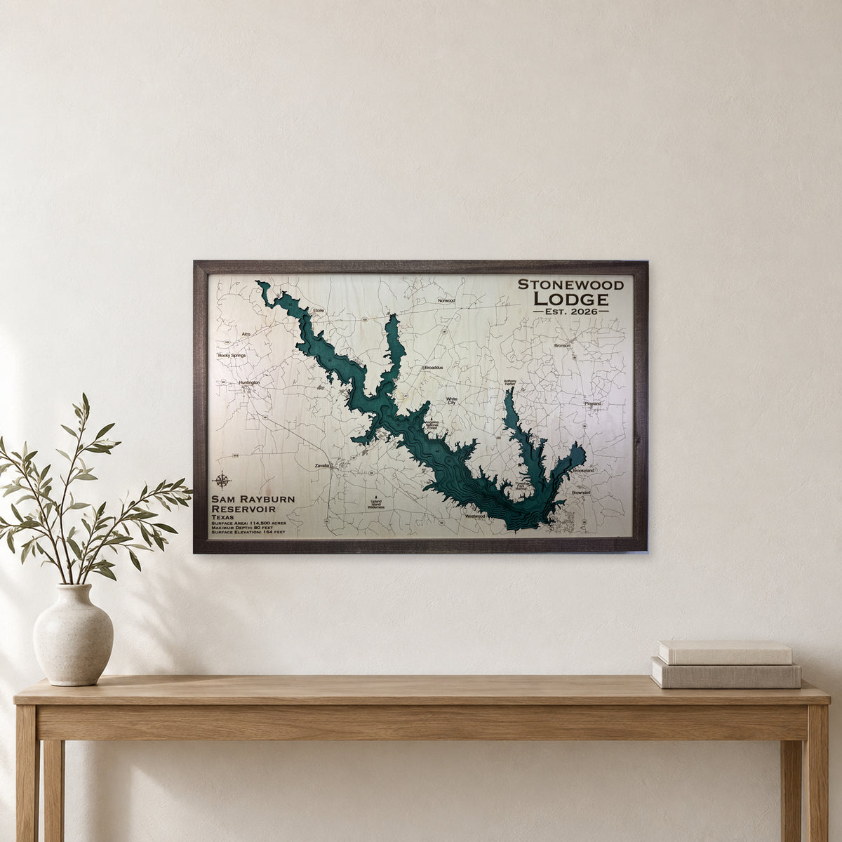 Lake Sam Rayburn Reservoir, Texas Wood Map — Multilayer — room mockup