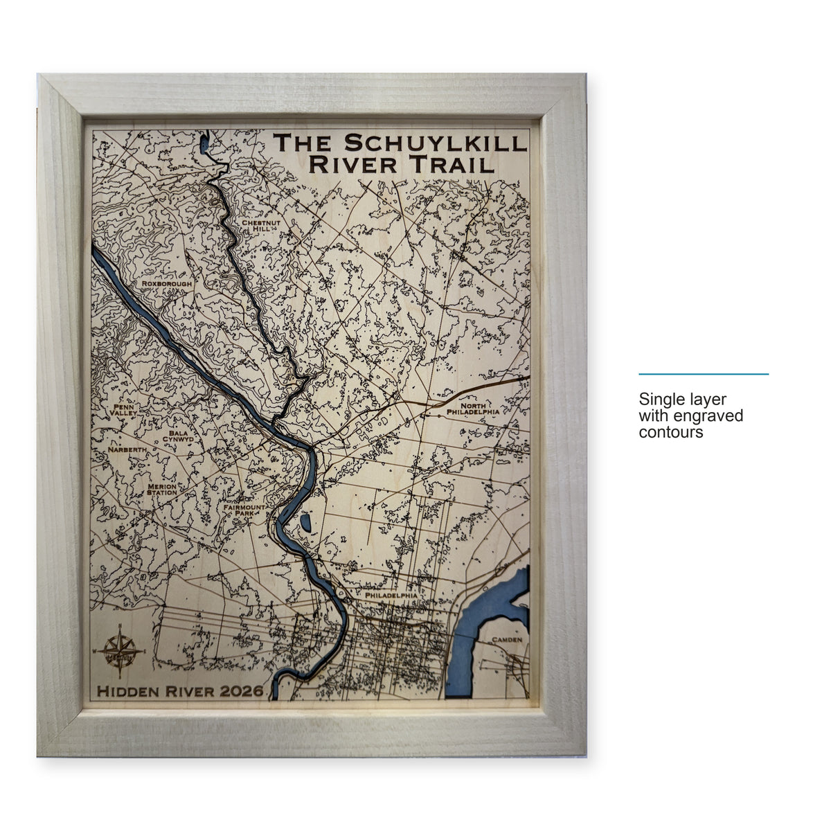 Schuylkill River Trail, Pennsylvania Wood Map — Single layer with engraved contours — style-labeled photo