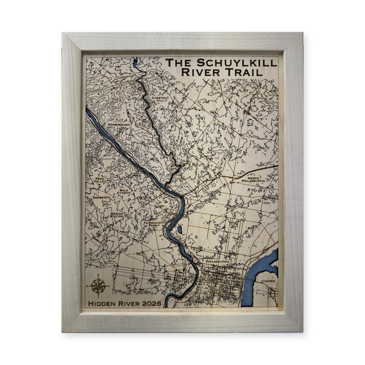 Schuylkill River Trail, Pennsylvania Wood Map — Single layer with engraved contours — plain-background photo