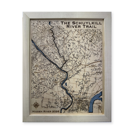 Schuylkill River Trail, Pennsylvania Wood Map — Single layer with engraved contours — plain-background photo