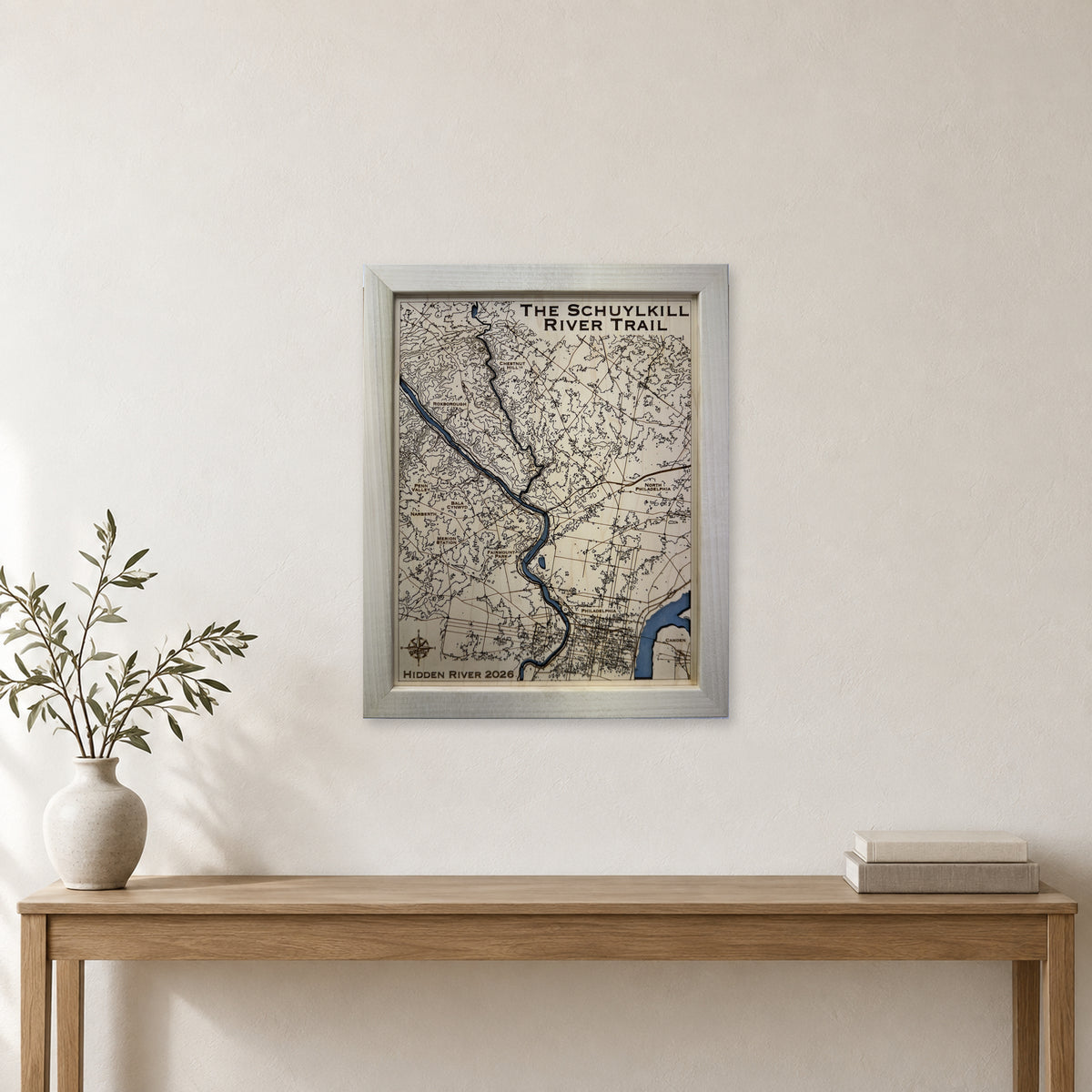 Schuylkill River Trail, Pennsylvania Wood Map — Single layer with engraved contours — room mockup